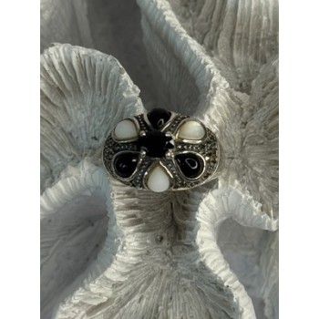925 Sterling Silver Onyx Abalone & Marcasite Ring Size 10