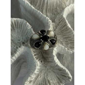 925 Sterling Silver Onyx Abalone & Marcasite Ring Size 10