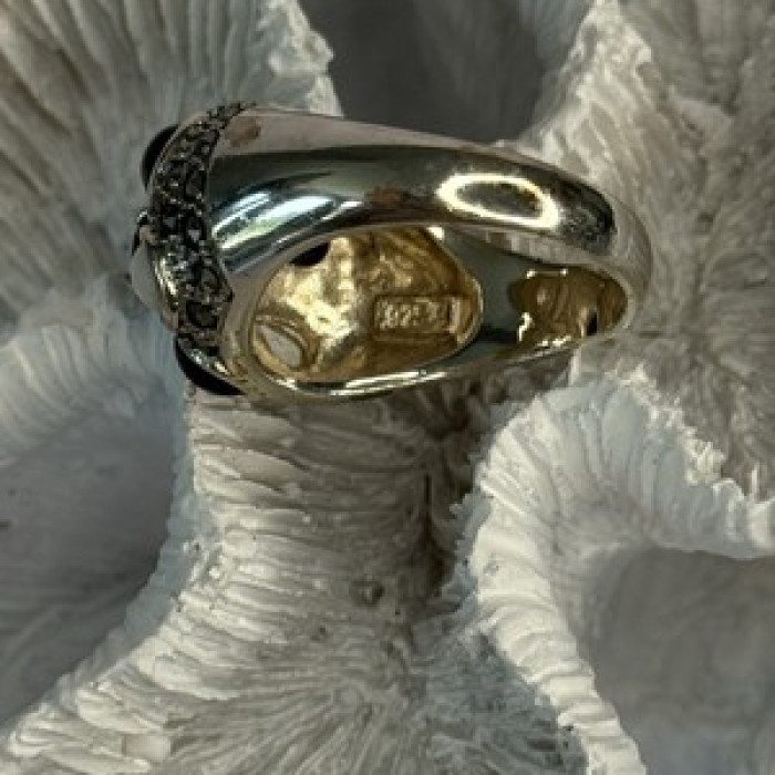 925 Sterling Silver Onyx Abalone & Marcasite Ring Size 10