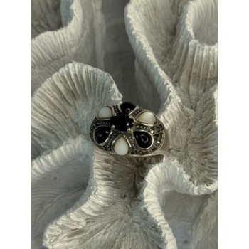 925 Sterling Silver Onyx Abalone & Marcasite Ring Size 10