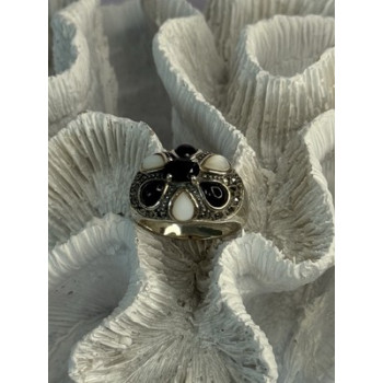 925 Sterling Silver Onyx Abalone & Marcasite Ring Size 10