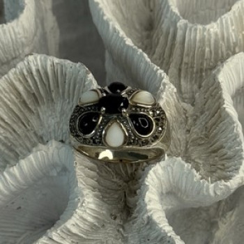 925 Sterling Silver Onyx Abalone & Marcasite Ring Size 10