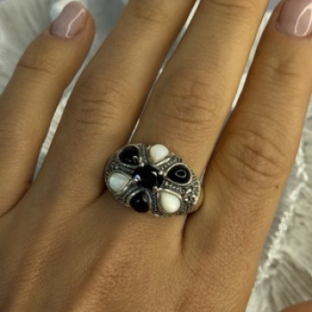 925 Sterling Silver Onyx Abalone & Marcasite Ring Size 10