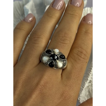 925 Sterling Silver Onyx Abalone & Marcasite Ring Size 10