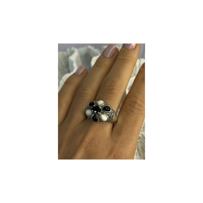 925 Sterling Silver Onyx Abalone & Marcasite Ring Size 10