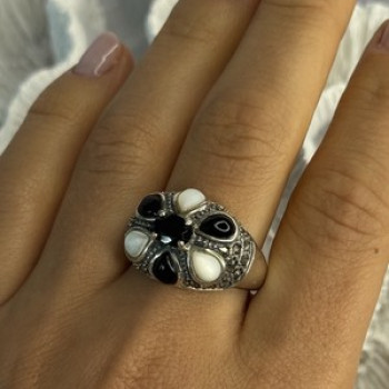 925 Sterling Silver Onyx Abalone & Marcasite Ring Size 10