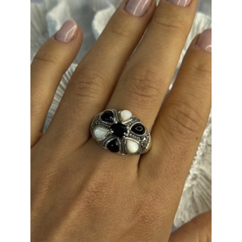 925 Sterling Silver Onyx Abalone & Marcasite Ring Size 10