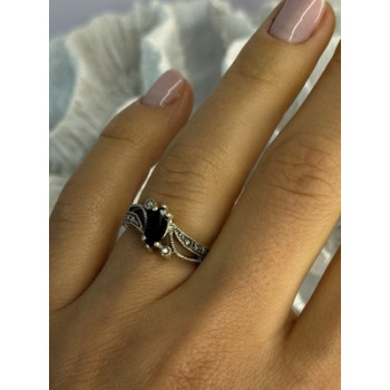 925 Sterling Silver Black Sapphire & Marcasites Ring Size 6