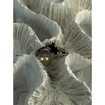 925 Sterling Silver Black Sapphire & Marcasites Ring Size 6