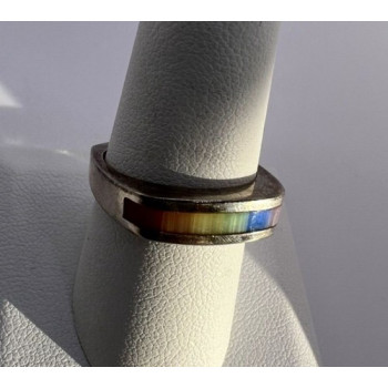 925 Sterling Silver Inlaid Rainbow Gemstone Ring Size 8