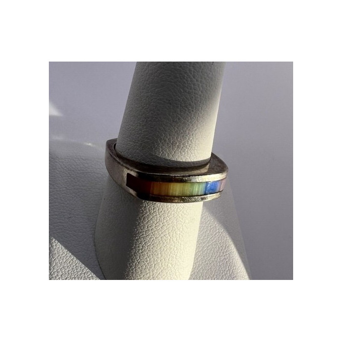 925 Sterling Silver Inlaid Rainbow Gemstone Ring Size 8
