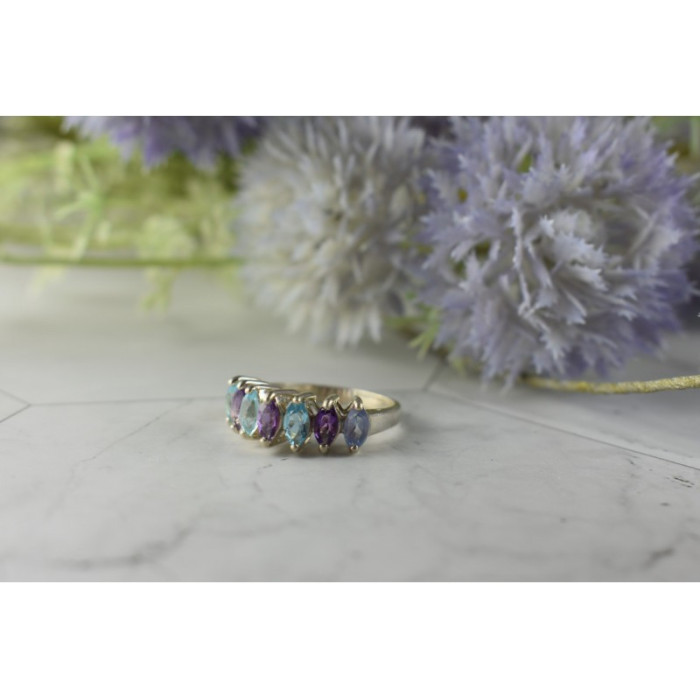 925 Sterling Silver Purple Tourmaline, Topaz & Tanzanite Ring Size 8