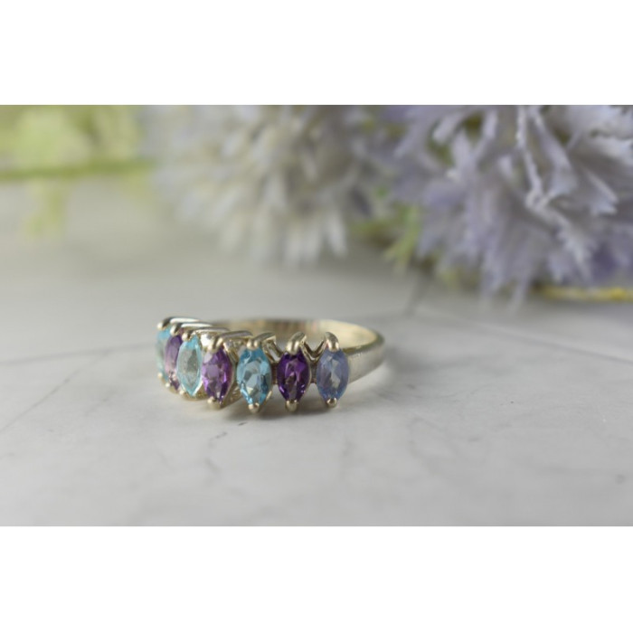 925 Sterling Silver Purple Tourmaline, Topaz & Tanzanite Ring Size 8