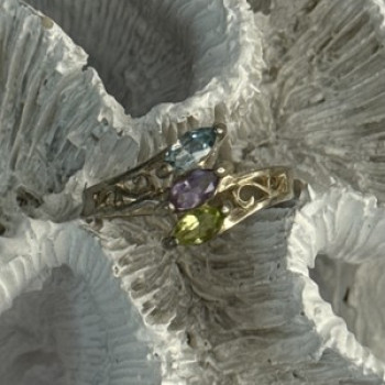 925 Sterling Silver Peridot, Amethyst & Topaz Ring Size 8