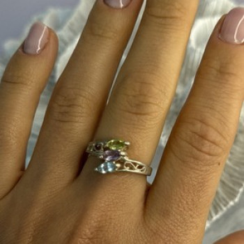 925 Sterling Silver Peridot, Amethyst & Topaz Ring Size 8