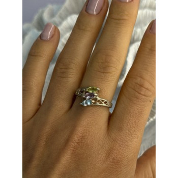 925 Sterling Silver Peridot, Amethyst & Topaz Ring Size 8
