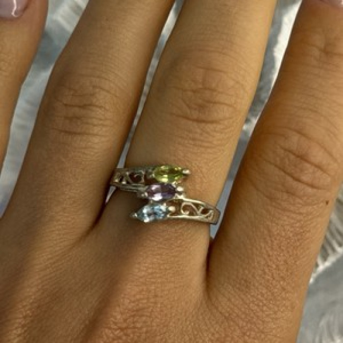 925 Sterling Silver Peridot, Amethyst & Topaz Ring Size 8