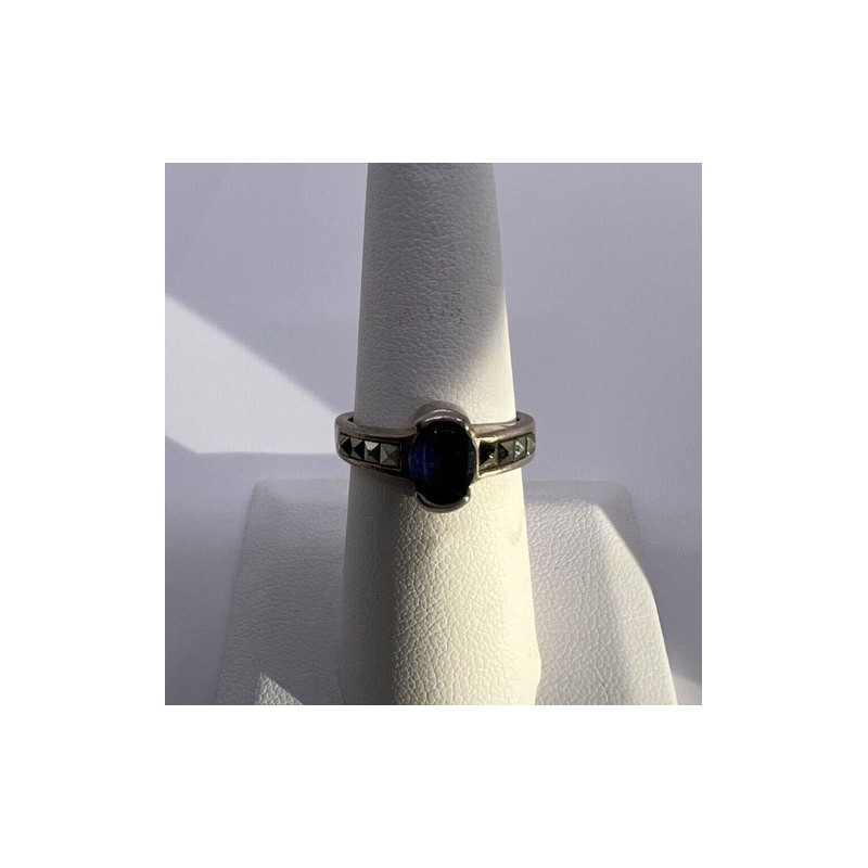 925 Sterling Silver Sapphire & Marcasite Ring Size 6.5