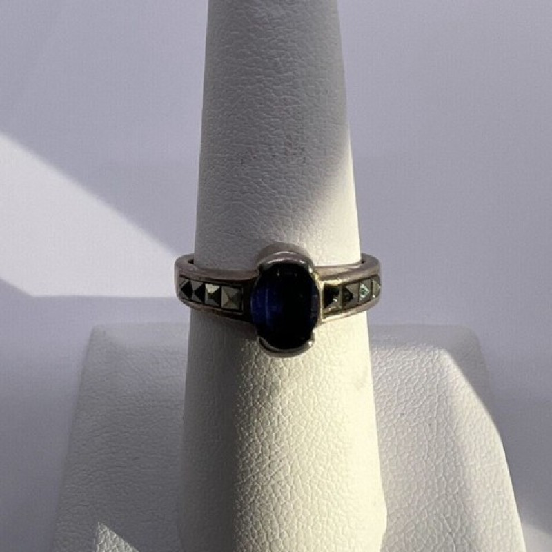 925 Sterling Silver Sapphire & Marcasite Ring Size 6.5