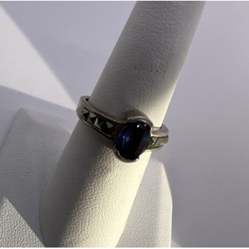 925 Sterling Silver Sapphire & Marcasite Ring Size 6.5