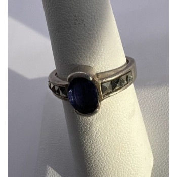 925 Sterling Silver Sapphire & Marcasite Ring Size 6.5