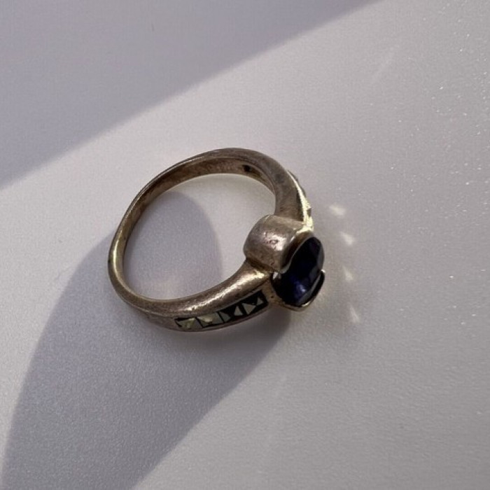 925 Sterling Silver Sapphire & Marcasite Ring Size 6.5