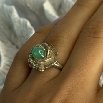 925 Sterling Silver Nephrite Flower Ring Size 6.5