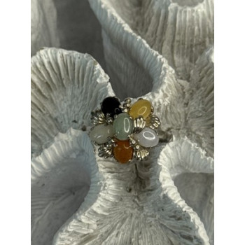 925 Sterling Silver 6 Colors Of Jade Flower Ring Size 8, 9