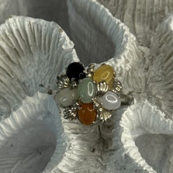 925 Sterling Silver 6 Colors Of Jade Flower Ring Size 8, 9
