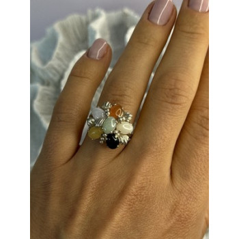 925 Sterling Silver 6 Colors Of Jade Flower Ring Size 8, 9