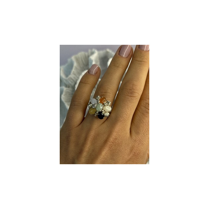925 Sterling Silver 6 Colors Of Jade Flower Ring Size 8, 9