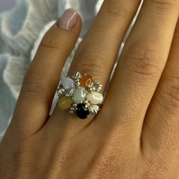 925 Sterling Silver 6 Colors Of Jade Flower Ring Size 8, 9