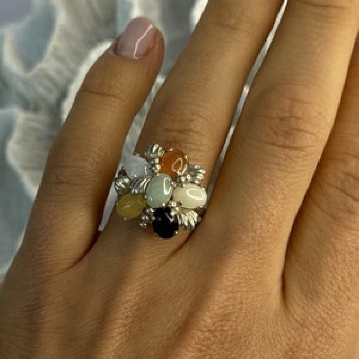 925 Sterling Silver 6 Colors Of Jade Flower Ring Size 8, 9