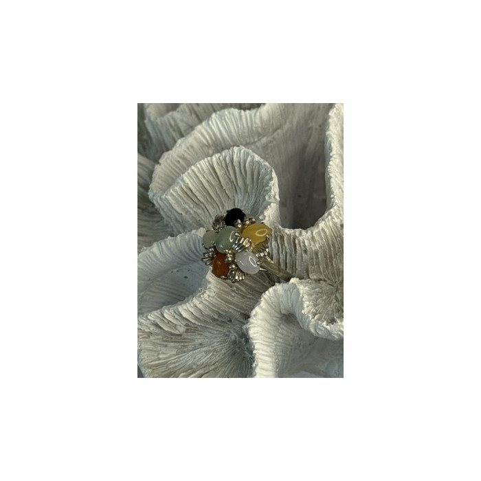 925 Sterling Silver 6 Colors Of Jade Flower Ring Size 8, 9