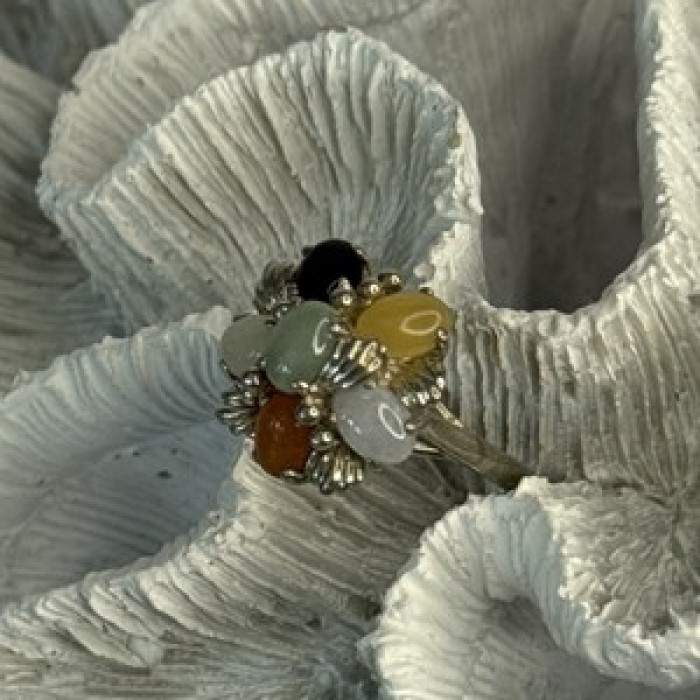 925 Sterling Silver 6 Colors Of Jade Flower Ring Size 8, 9