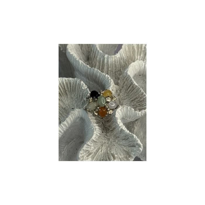 925 Sterling Silver 6 Colors Of Jade Flower Ring Size 8, 9