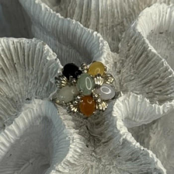 925 Sterling Silver 6 Colors Of Jade Flower Ring Size 8, 9