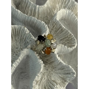 925 Sterling Silver 6 Colors Of Jade Flower Ring Size 8, 9