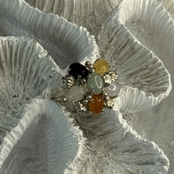 925 Sterling Silver 6 Colors Of Jade Flower Ring Size 8, 9