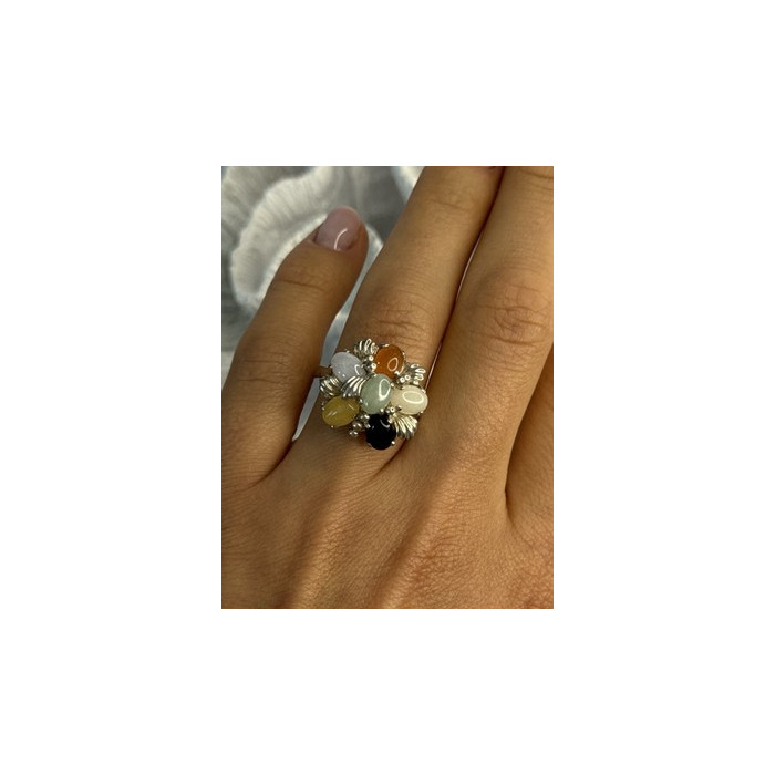 925 Sterling Silver 6 Colors Of Jade Flower Ring Size 8, 9