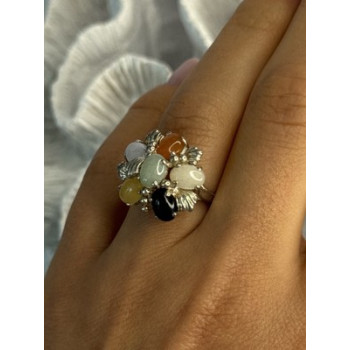 925 Sterling Silver 6 Colors Of Jade Flower Ring Size 8, 9