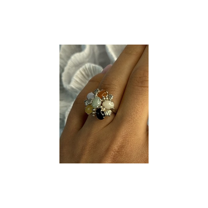 925 Sterling Silver 6 Colors Of Jade Flower Ring Size 8, 9