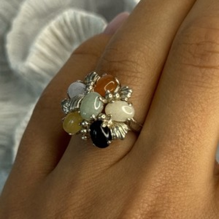 925 Sterling Silver 6 Colors Of Jade Flower Ring Size 8, 9