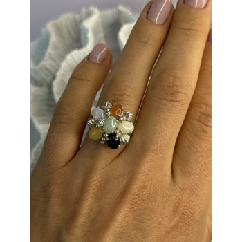 925 Sterling Silver 6 Colors Of Jade Flower Ring Size 8, 9