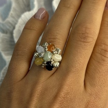 925 Sterling Silver 6 Colors Of Jade Flower Ring Size 8, 9