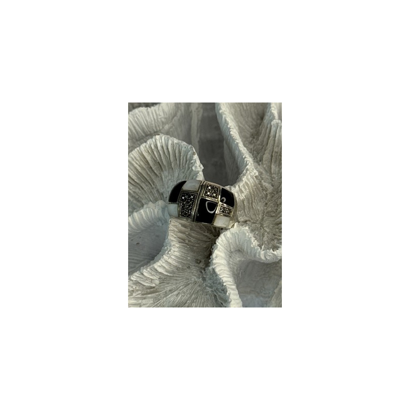 925 Sterling Silver Onyx Abalone Marcasite Ring Size 8