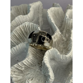 925 Sterling Silver Onyx Abalone Marcasite Ring Size 8