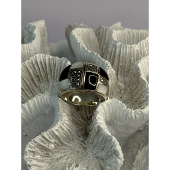 925 Sterling Silver Onyx Abalone Marcasite Ring Size 8