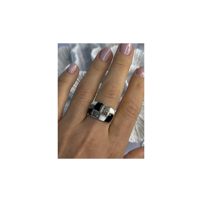 925 Sterling Silver Onyx Abalone Marcasite Ring Size 8