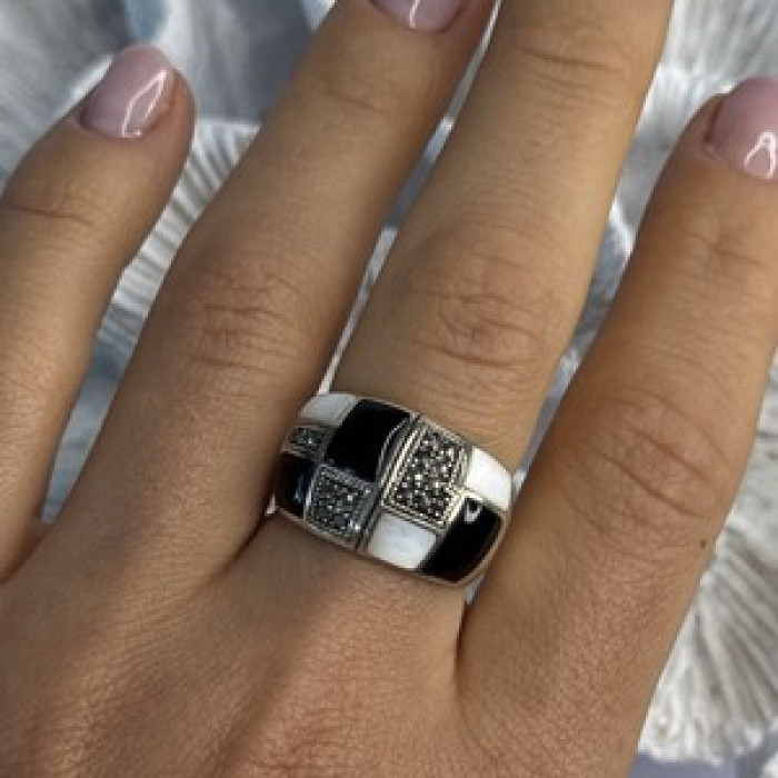 925 Sterling Silver Onyx Abalone Marcasite Ring Size 8